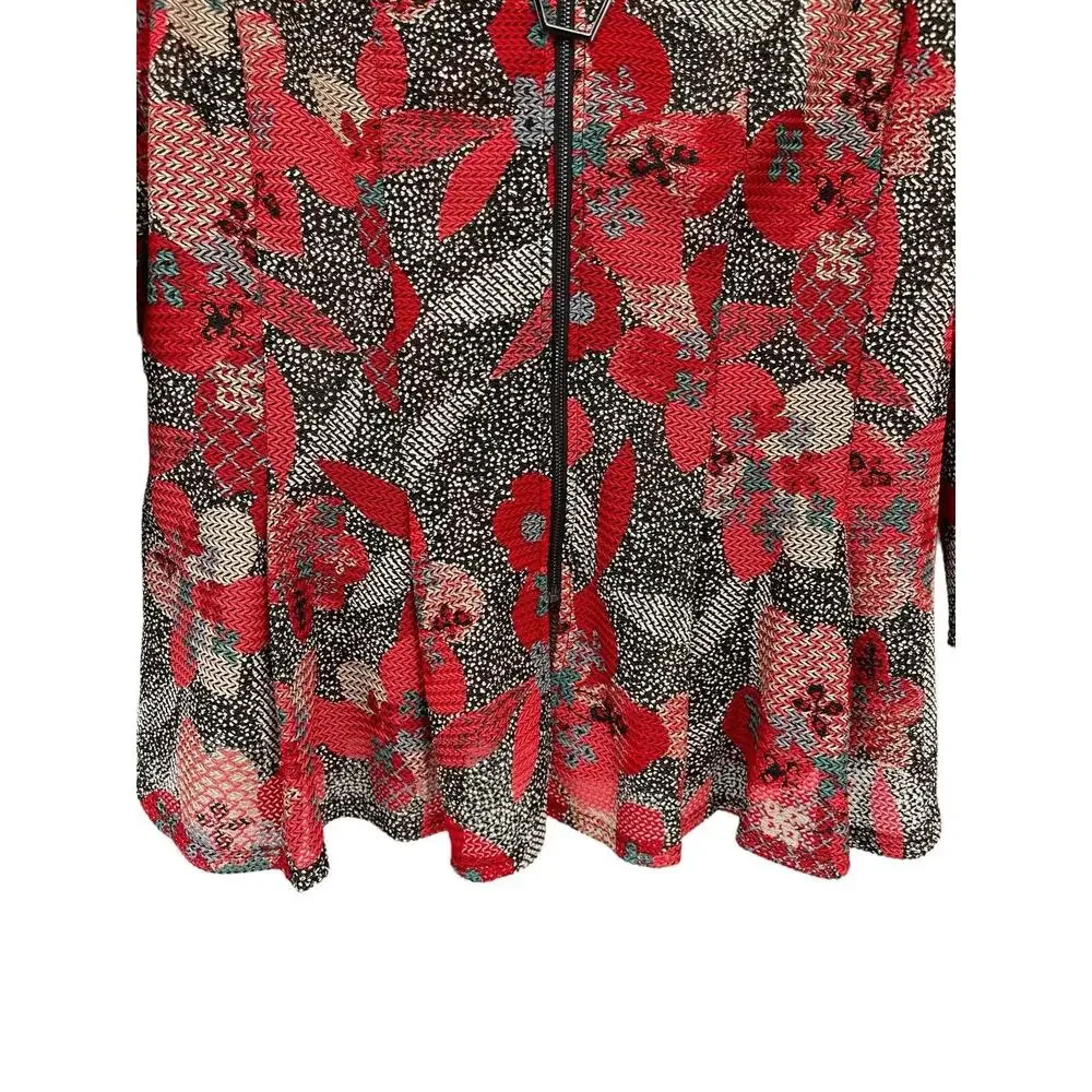 IC By Connie K Jacket Topper Red Floral Zip Front 3/4 Sleeves Size Large